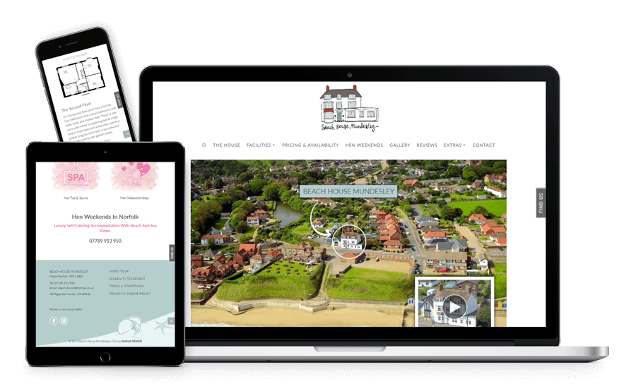 Mock-up of the Beach House Mundesley website shown on a laptop, tablet and mobile phone.