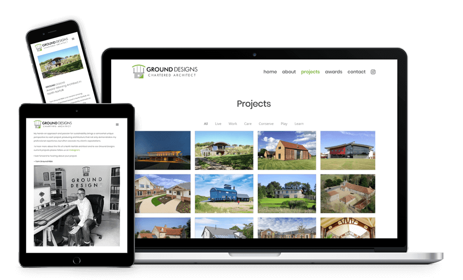 Mock-up of the Ground Design Chartered Architect website shown on a laptop, tablet and mobile phone.