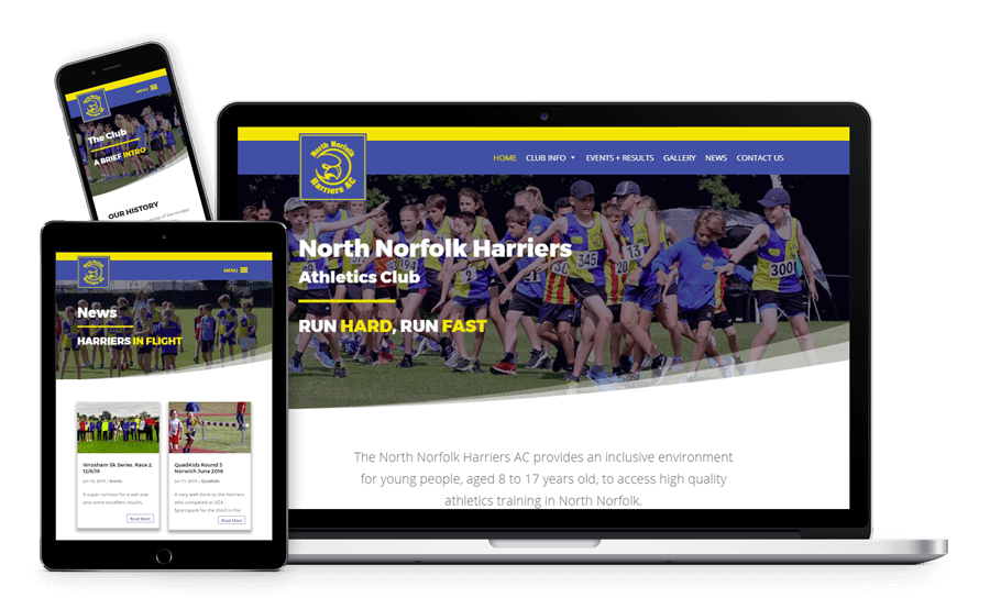 Mock-up of the North Norfolk Harriers website shown on a laptop, tablet and mobile phone.