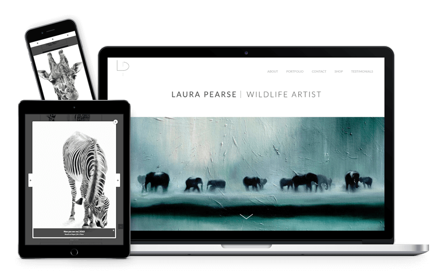 Mock-up of the Laura Pearse Wildlife Artist website shown on a laptop, tablet and mobile phone.