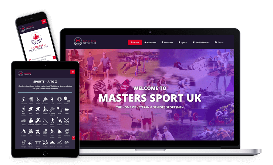 Mock-up of the Masters Sport website shown on a laptop, tablet and mobile phone.