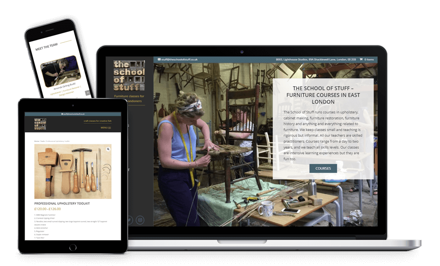 Mock-up of the School of Stuff website shown on a laptop, tablet and mobile phone.