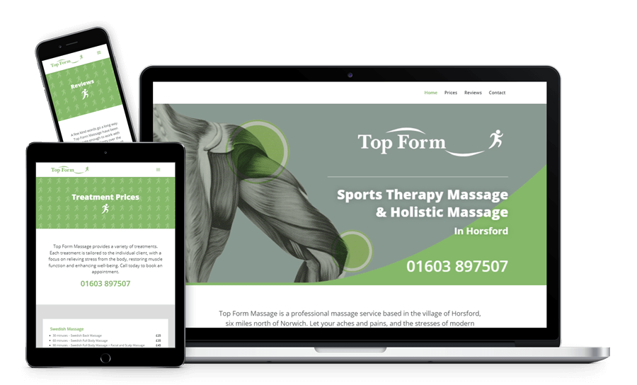 Mock-up of the Top Form Massage website shown on a laptop, tablet and mobile phone.