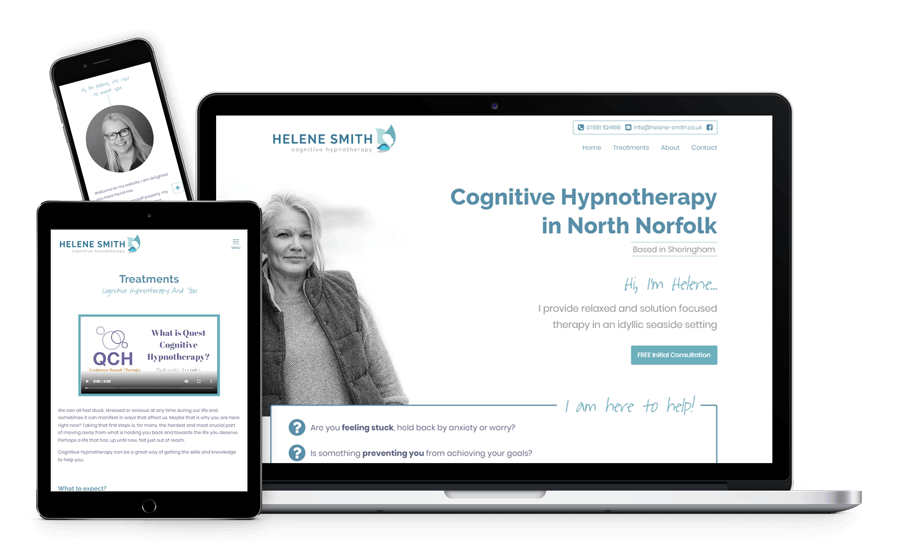 Mock-up of the Helene Smith Cognitive Hypnotherapist website shown on a laptop, tablet and mobile phone.