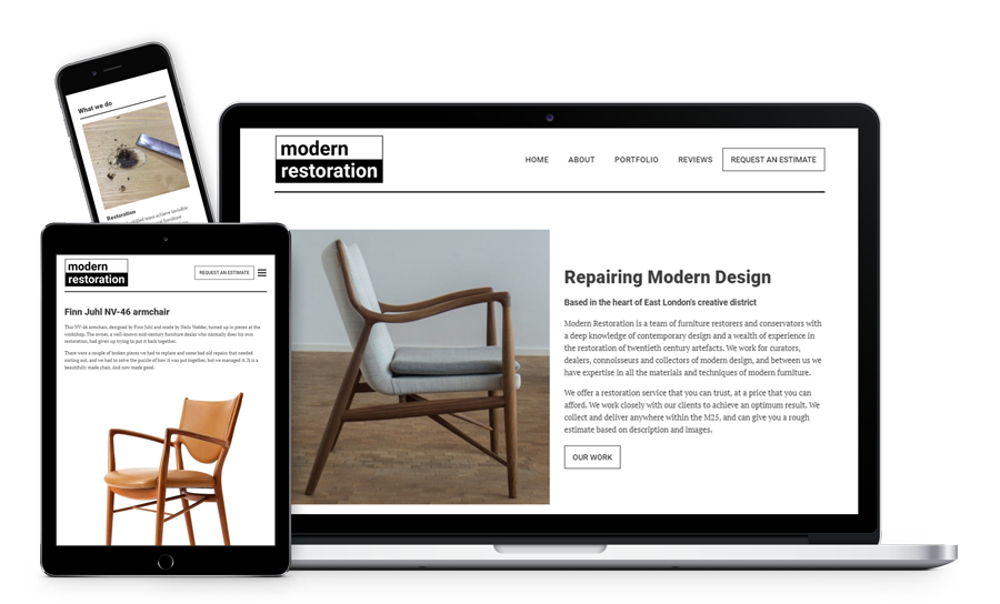 Mock-up of the Modern Restoration website shown on a laptop, tablet and mobile phone.