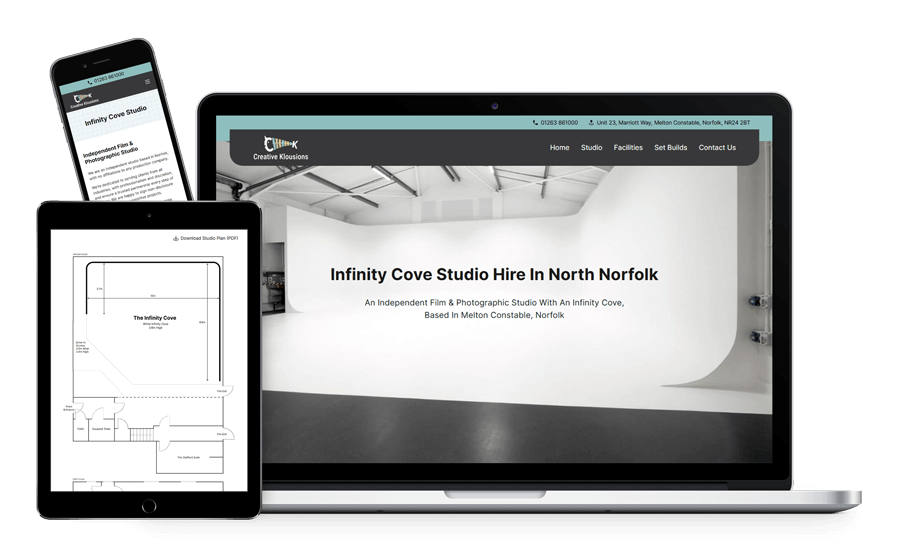 Mock-up up of responsive website design for Creative Klousions Infinity Studio