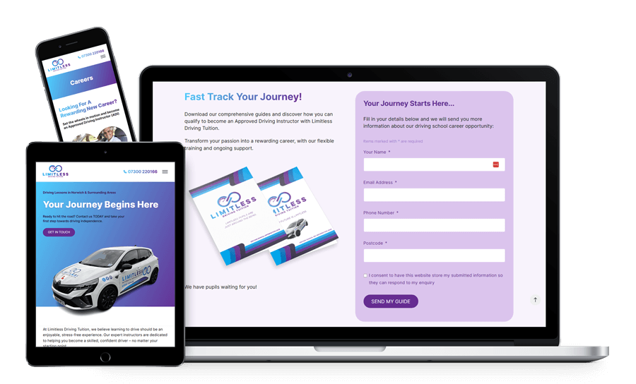 Device mock up showing the Limitless Driving Tuition websites
